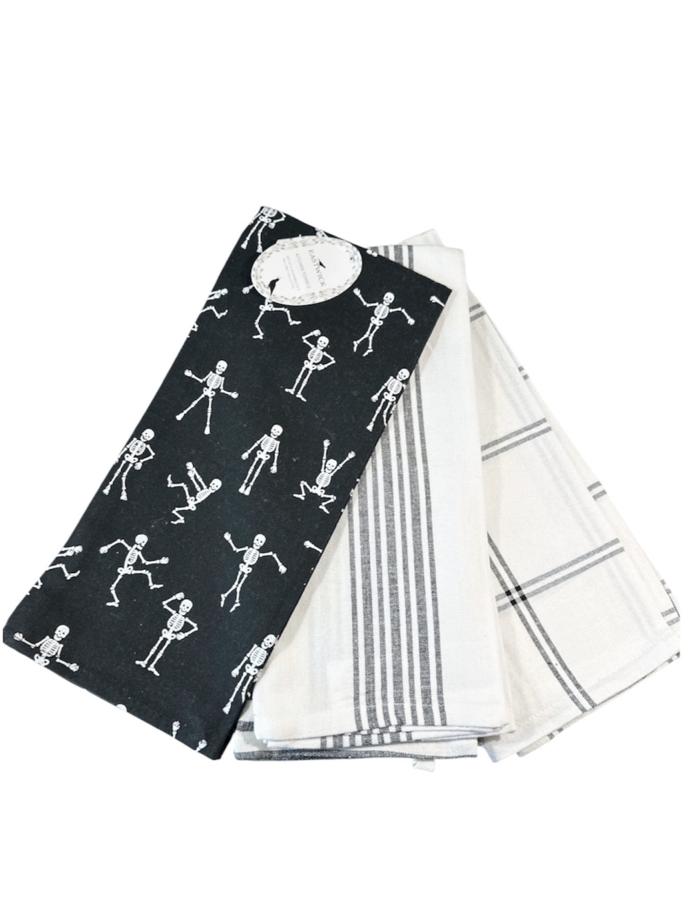 NEW Eastwick HALLOWEEN SKELETON & STRIPE Kitchen Towels - Black and White Set/3